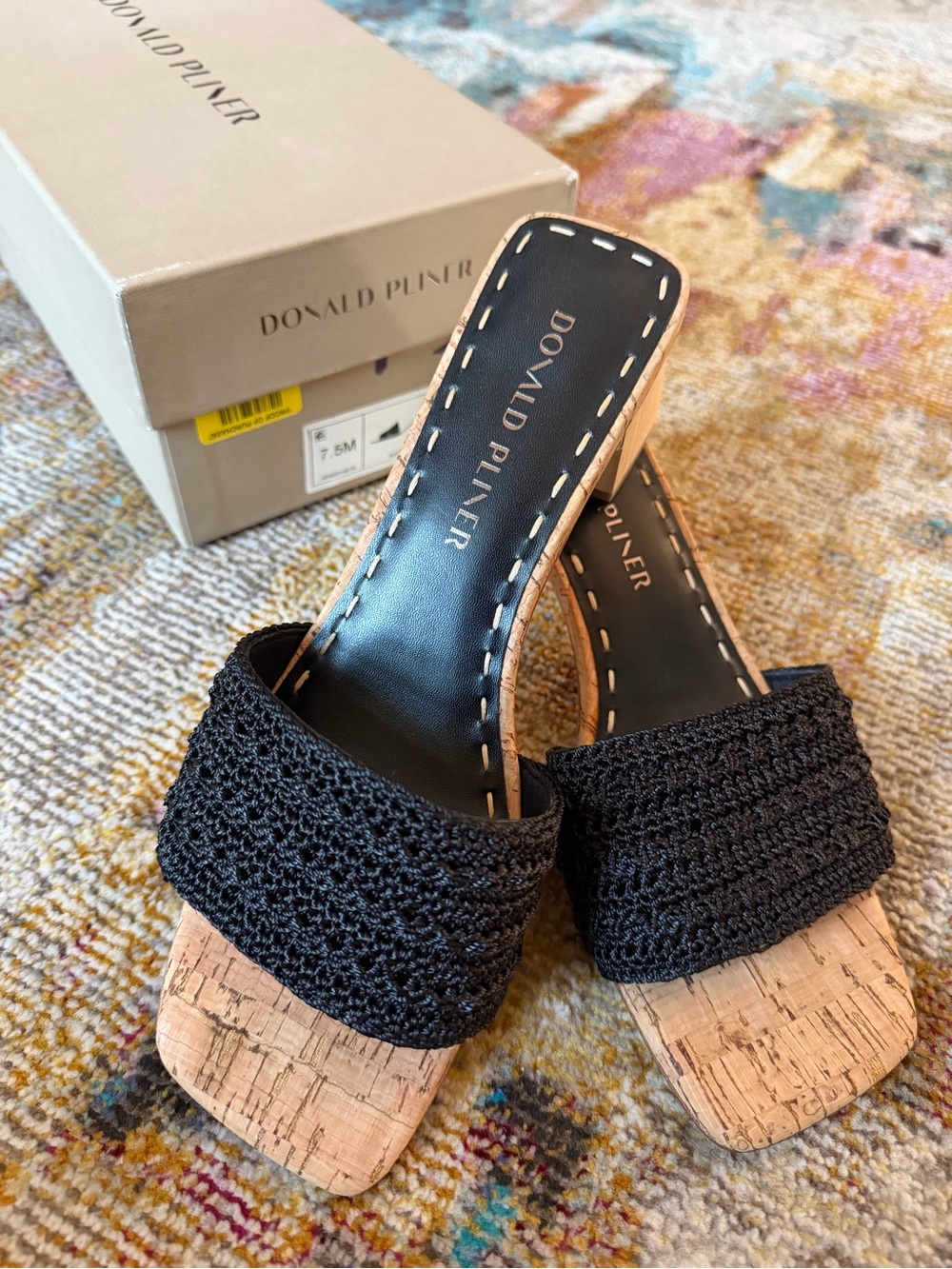 Donald J. Pliner Black Crochet Cork Slide Mules
